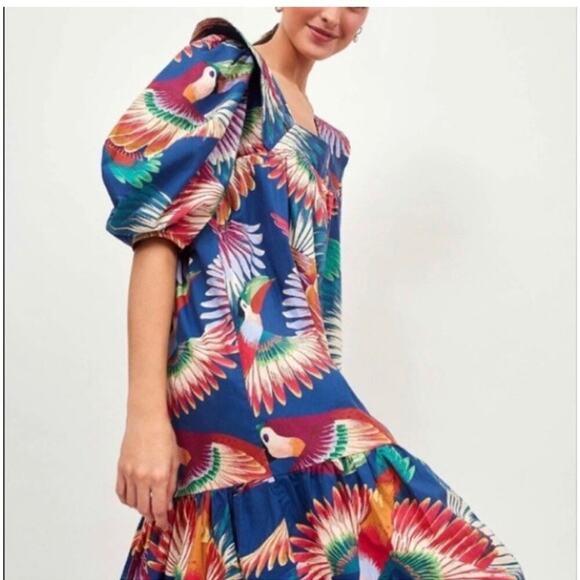 Farm Rio x Anthropologie Toucan Puff Sleeve Midi Dress Size Small - Picture 5 of 5